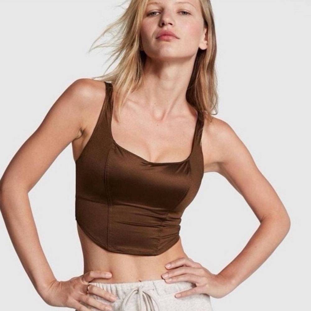 PINK Victoria's Secret Brown Satin Corset Top‎ Structured Bustier Large